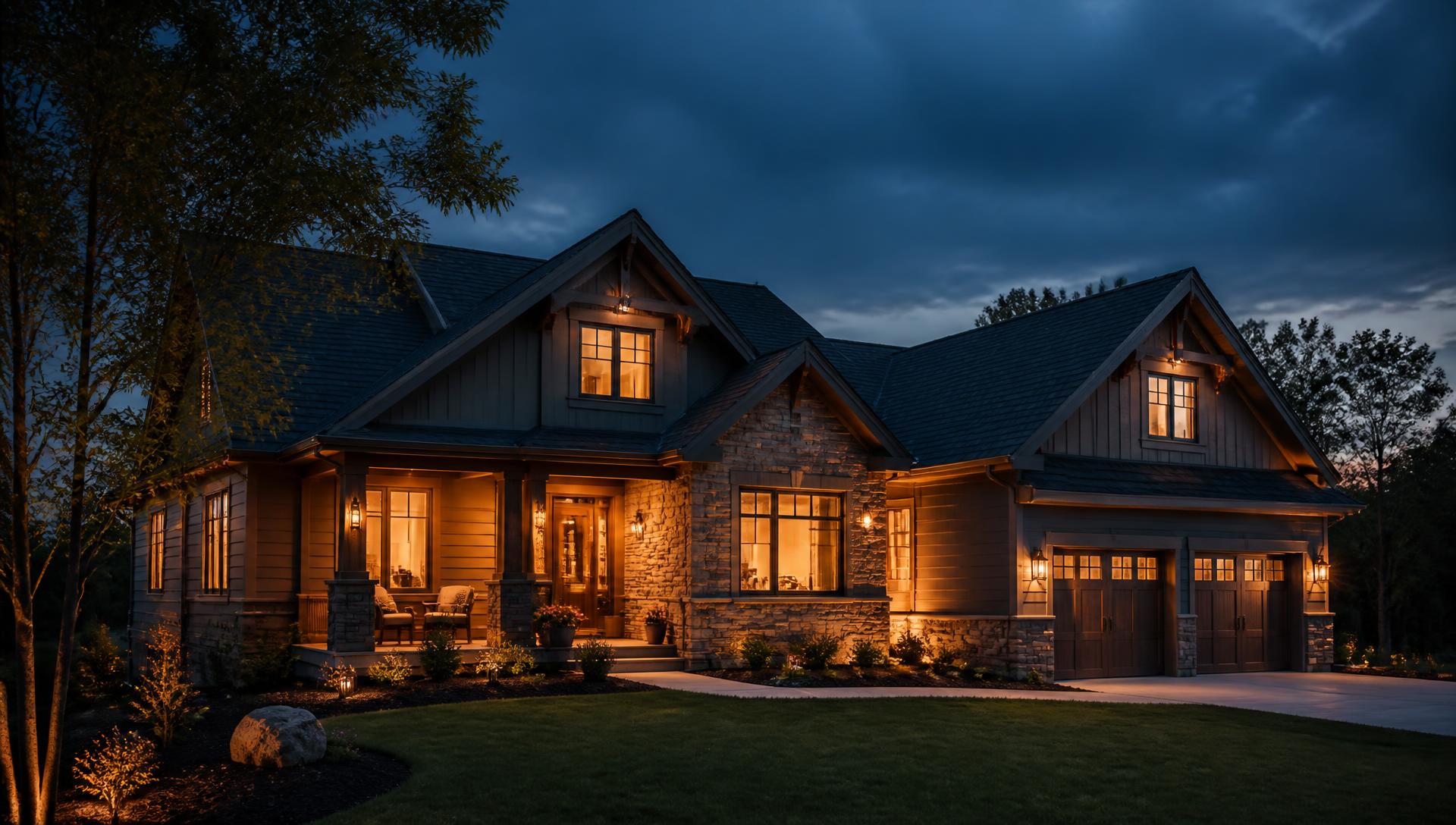 Craftsman home lit at dusk in Kentucky